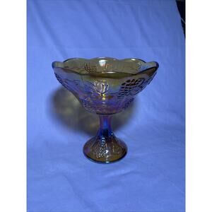 Indiana Carnival Glass Pedestal Bowl Marigold Harvest Grape Compote Vintage